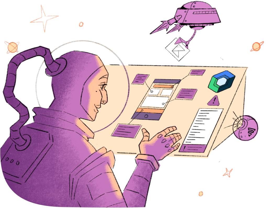 Astronaut analyzing an Android app interface, symbolizing app performance monitoring.