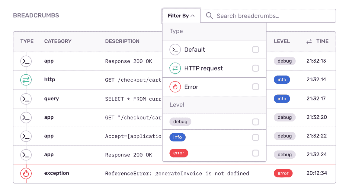 Backend breadcrumbs showing visibility into errors
