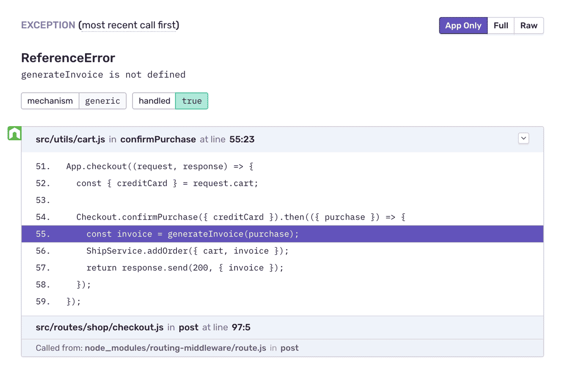 Stack trace showing error details