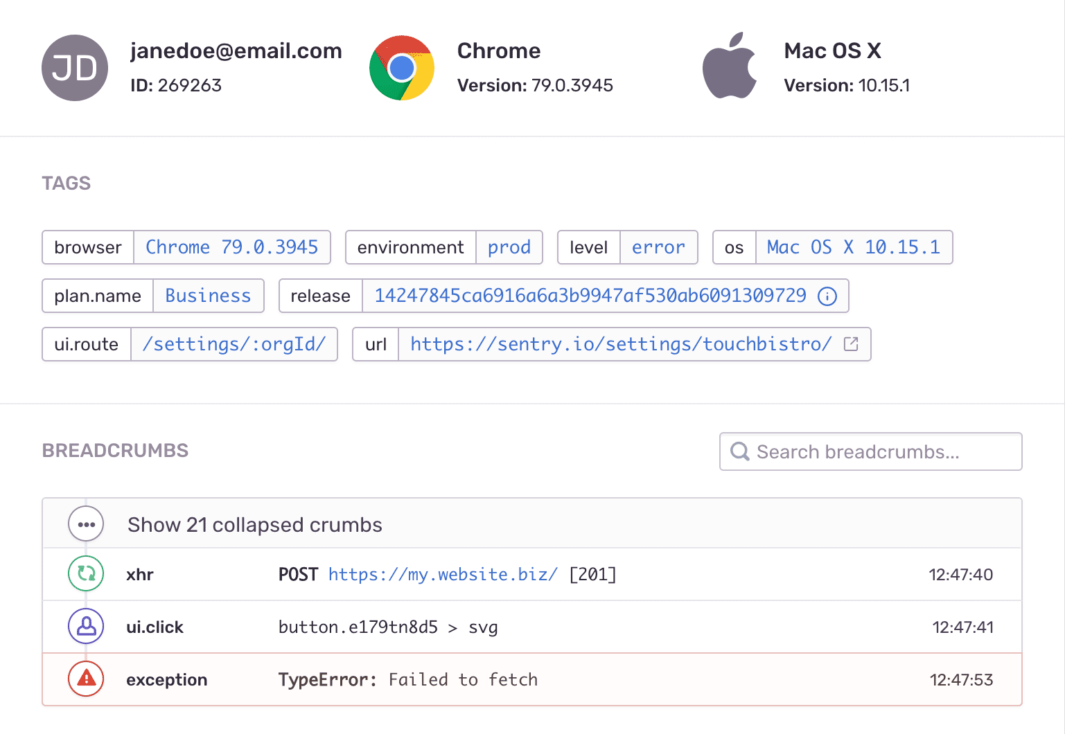 Sentry Context feature showing issue details
