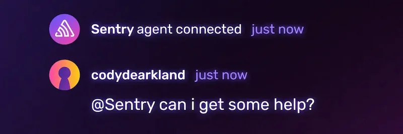 Chat-style interface showing “Sentry agent connected” and a user named “codydearkland” asking, “@Sentry can i get some help?”