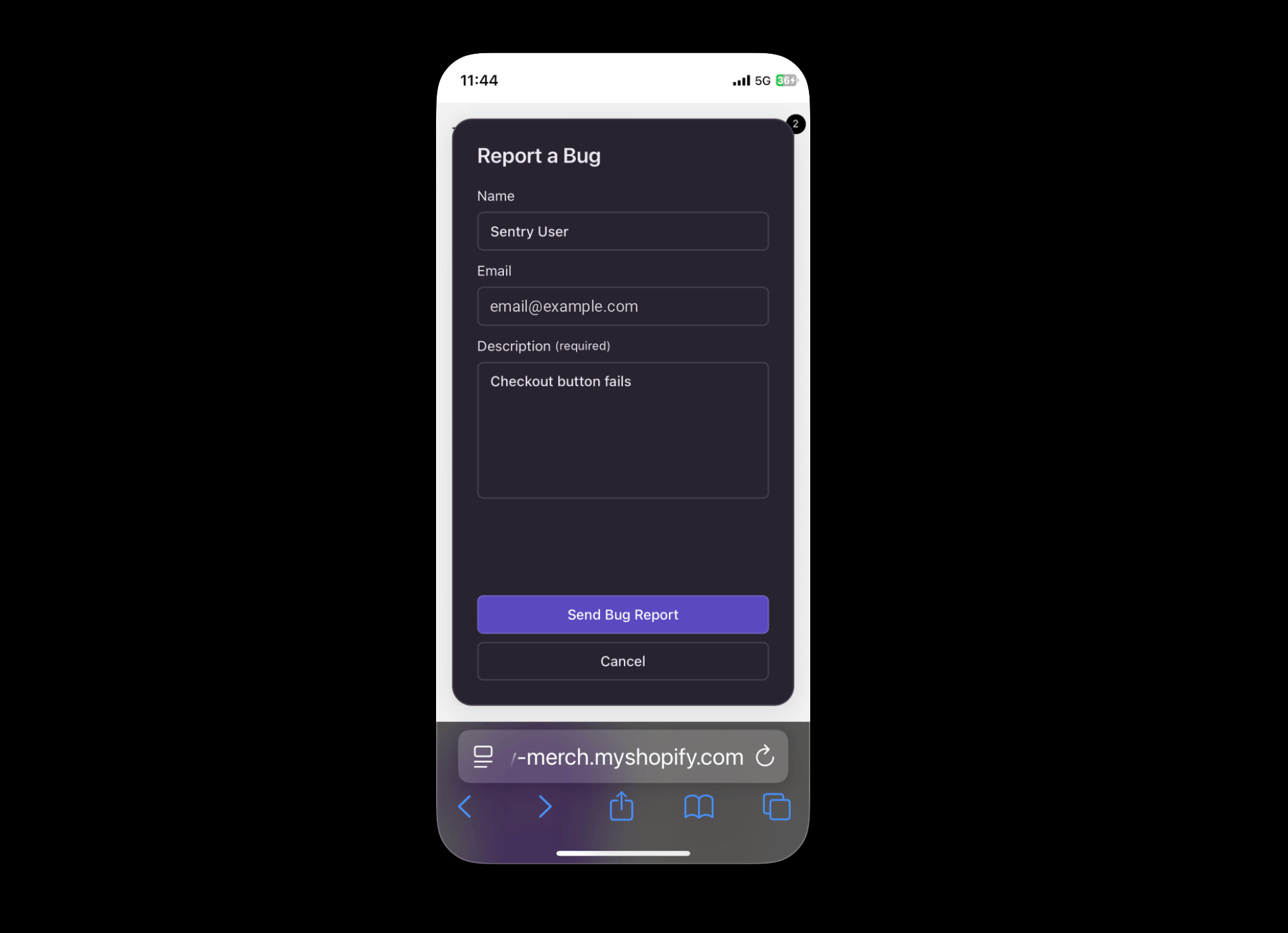 Screenshot of a mobile view of the Sentry “Report a Bug” feedback form showing fields for name, email, and a description reading “Checkout button fails,” with the purple “Send Bug Report” button visible.