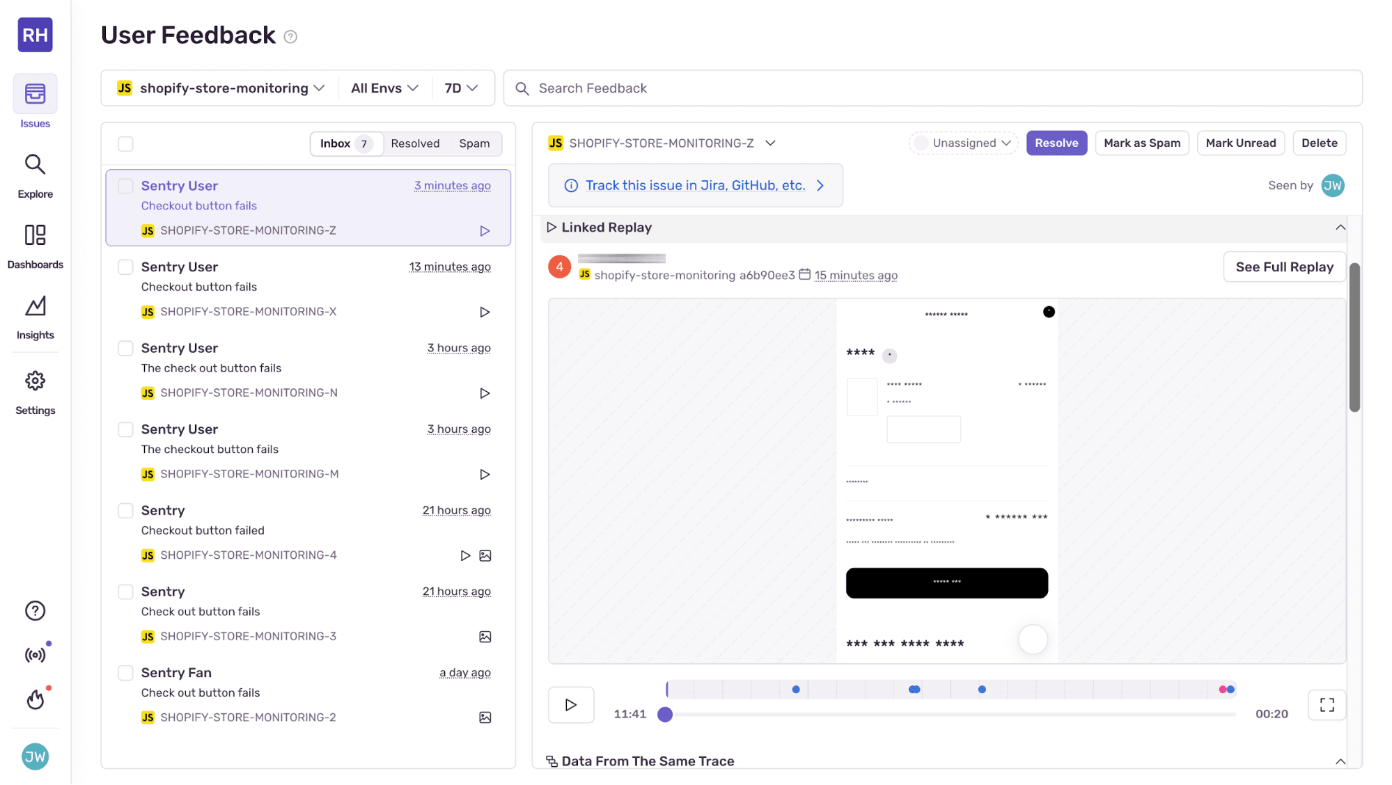 Screenshot of the Sentry User Feedback dashboard showing multiple “Checkout button fails” reports from the Shopify store monitoring project, with a linked session replay preview displayed on the right.